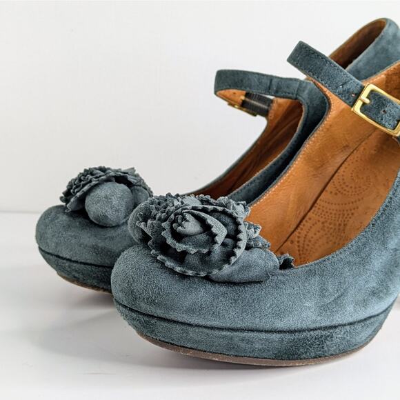 Chie Mihara Mary Jane Platform Heels 37 Blue Suede Floral Retro Glam Pinup - Picture 4 of 16